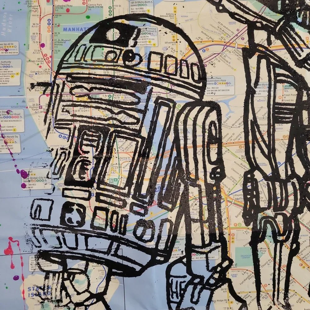 💲 SOLD 💲 Original Handpainted Star Wars Droids R2D2 & C3PO on a NYC Subway Map - Picture 3 of 7